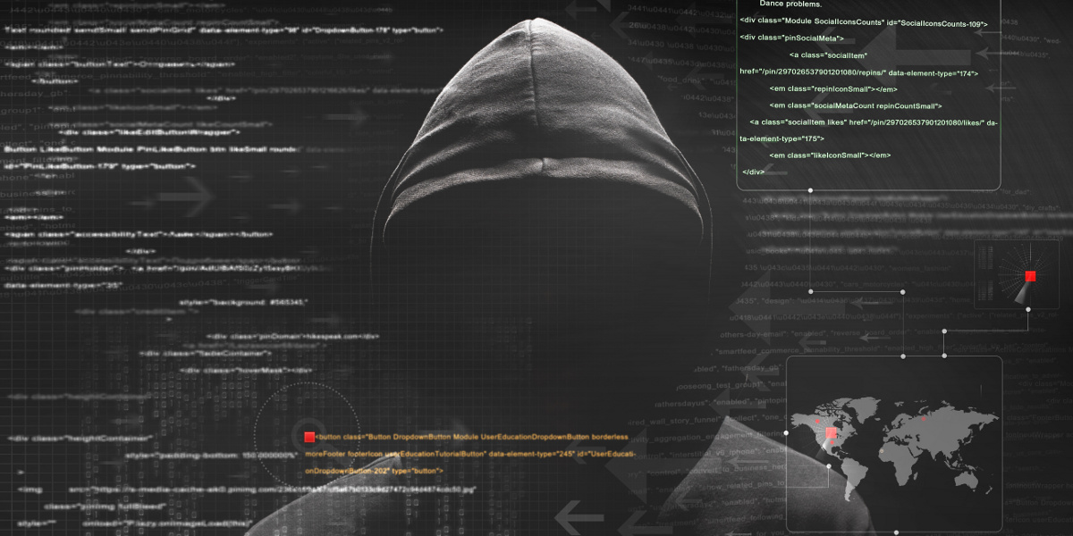 Shadowy Figure in Black Hood on Dark Background with Code Text Overlay